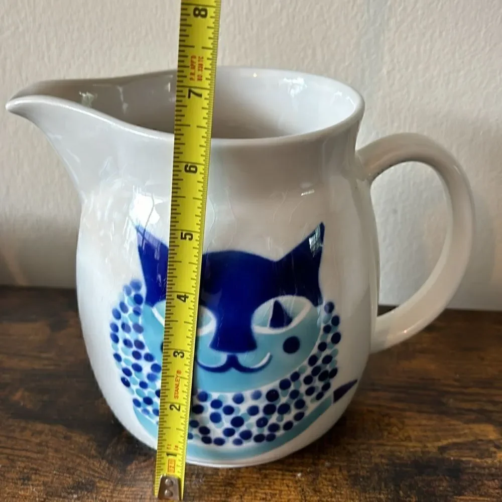 Vintage KAJ FRANCK ARABIA Finland Blue Cat Pottery Pitcher